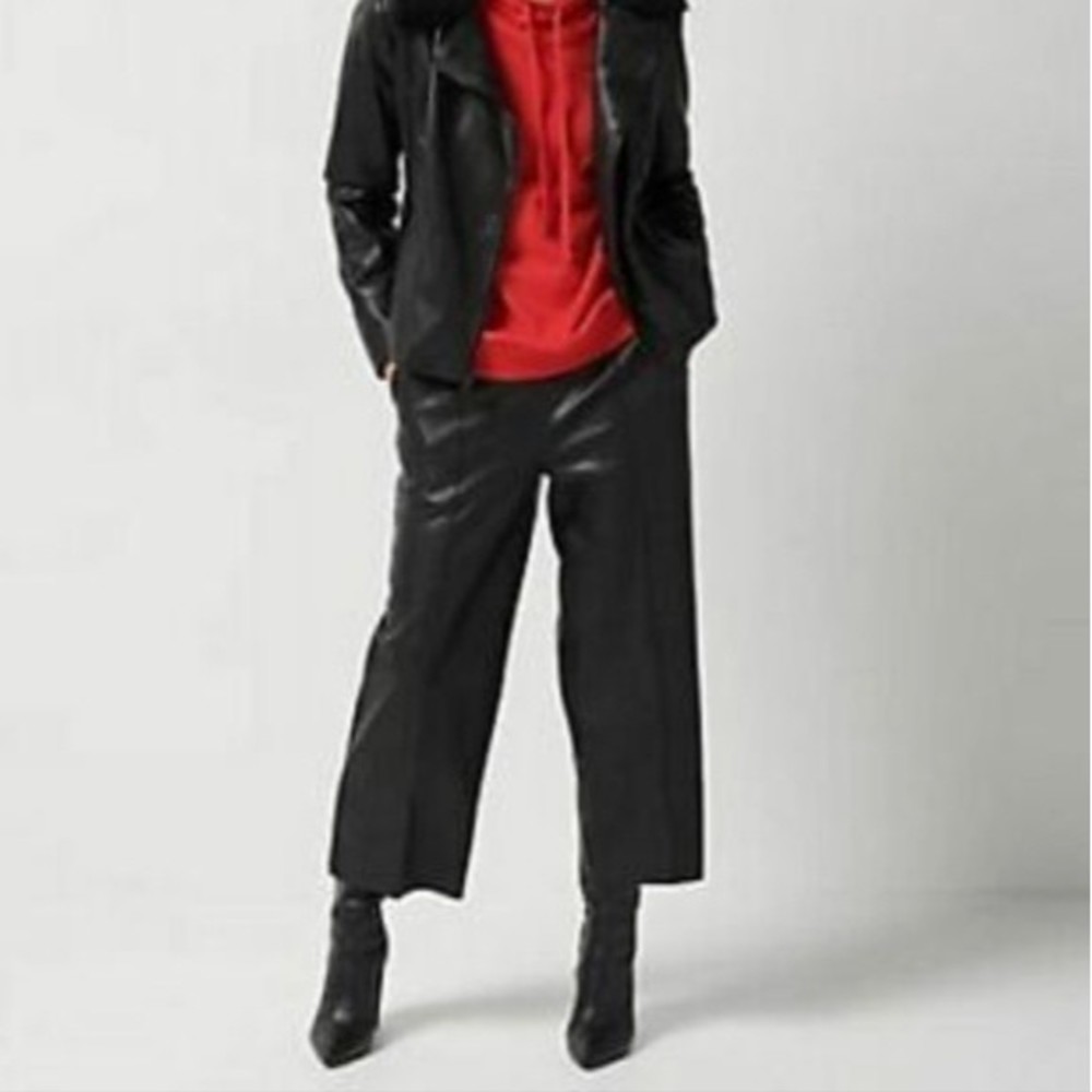 J Jason Wu Black Faux-Leather Pant Cropped Snake print Front Seam Wide